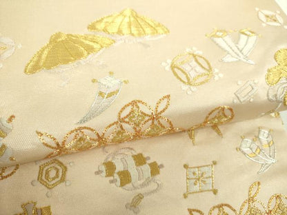 平和屋着物▼太鼓柄袋帯　駒刺繍　総刺繍　宝尽くし　金銀糸　正絹　逸品　DABJ8548ps