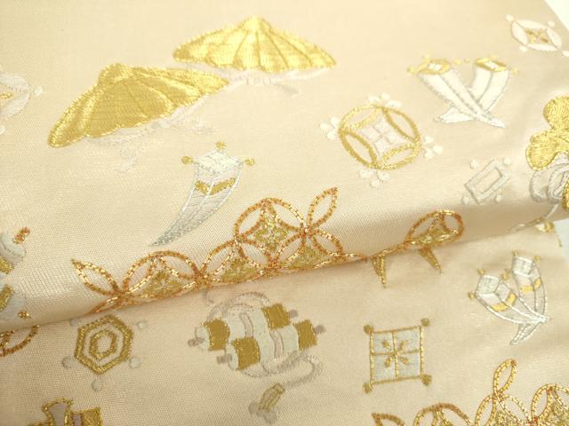 平和屋着物▼太鼓柄袋帯　駒刺繍　総刺繍　宝尽くし　金銀糸　正絹　逸品　DABJ8548ps