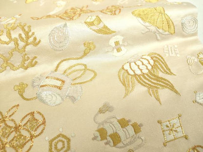 平和屋着物▼太鼓柄袋帯　駒刺繍　総刺繍　宝尽くし　金銀糸　正絹　逸品　DABJ8548ps