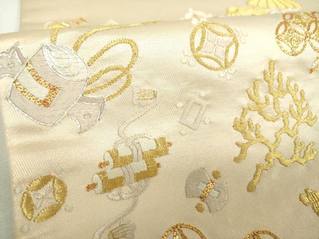平和屋着物▼太鼓柄袋帯　駒刺繍　総刺繍　宝尽くし　金銀糸　正絹　逸品　DABJ8548ps