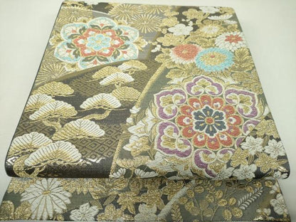 平和屋着物▼六通柄袋帯　裂取四季花文　金糸　正絹　逸品　DABJ8553ps