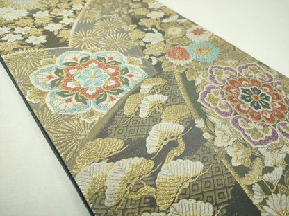 平和屋着物▼六通柄袋帯　裂取四季花文　金糸　正絹　逸品　DABJ8553ps