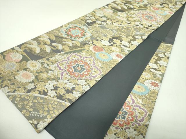 平和屋着物▼六通柄袋帯　裂取四季花文　金糸　正絹　逸品　DABJ8553ps