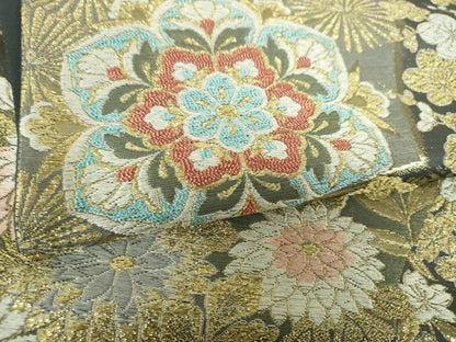 平和屋着物▼六通柄袋帯　裂取四季花文　金糸　正絹　逸品　DABJ8553ps