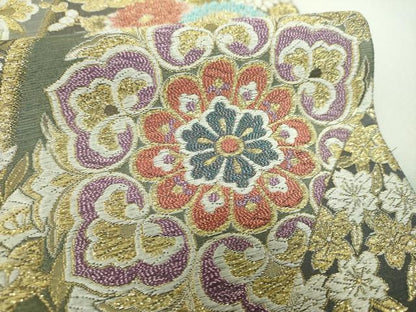 平和屋着物▼六通柄袋帯　裂取四季花文　金糸　正絹　逸品　DABJ8553ps