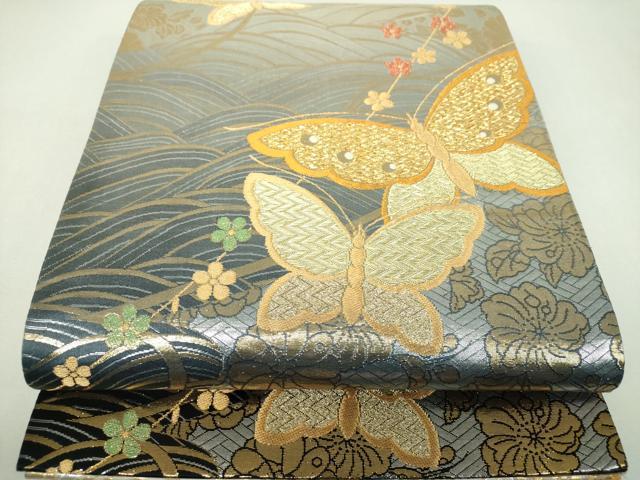 平和屋着物▼全通柄袋帯　舞蝶花文　金銀糸　正絹　逸品　DABJ8566ps