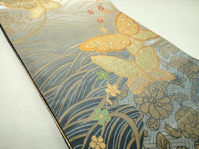 平和屋着物▼全通柄袋帯　舞蝶花文　金銀糸　正絹　逸品　DABJ8566ps