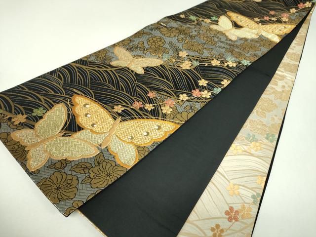 平和屋着物▼全通柄袋帯　舞蝶花文　金銀糸　正絹　逸品　DABJ8566ps