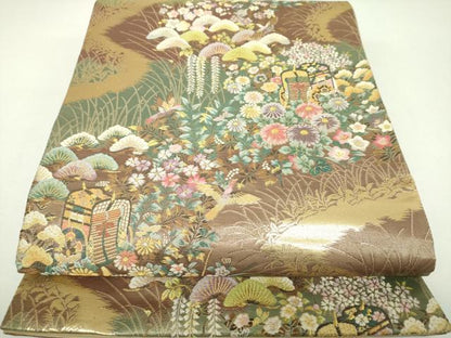 平和屋着物▼六通柄袋帯　唐織　御所車花鳥文　金糸　正絹　逸品　DABJ8567ps