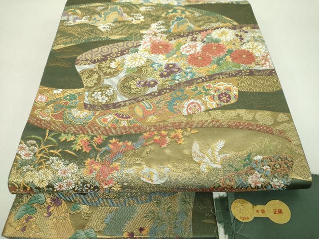 平和屋着物▼西陣　富田由起子謹製　六通柄袋帯　宝尽くし花鳥絵巻文　金糸　証紙付き　正絹　逸品　DABJ8601ps
