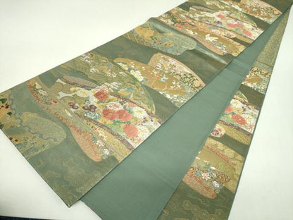 平和屋着物▼西陣　富田由起子謹製　六通柄袋帯　宝尽くし花鳥絵巻文　金糸　証紙付き　正絹　逸品　DABJ8601ps