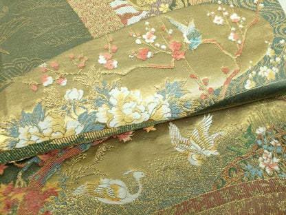 平和屋着物▼西陣　富田由起子謹製　六通柄袋帯　宝尽くし花鳥絵巻文　金糸　証紙付き　正絹　逸品　DABJ8601ps
