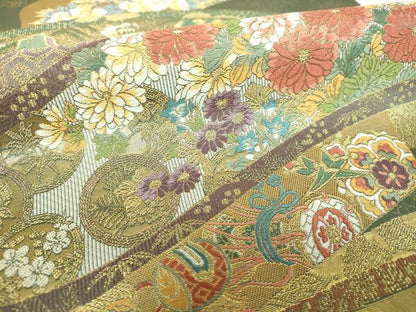 平和屋着物▼西陣　富田由起子謹製　六通柄袋帯　宝尽くし花鳥絵巻文　金糸　証紙付き　正絹　逸品　DABJ8601ps