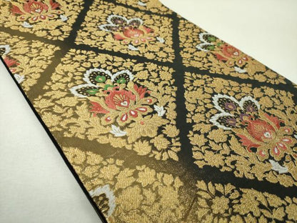 平和屋着物▼六通柄袋帯　更紗花菱文　金糸　正絹　逸品　DABJ8602ps