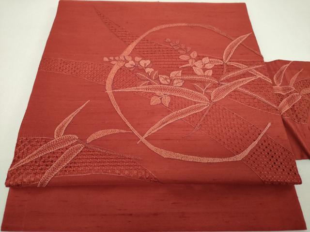 平和屋着物●中国三大刺繍　スワトウ刺繍　汕頭刺繍　相良刺繍　総刺繍　九寸名古屋帯　紬地　草花文　葡萄茶色　正絹　逸品　DABJ8608ps