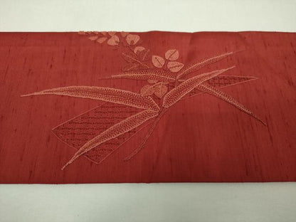 平和屋着物●中国三大刺繍　スワトウ刺繍　汕頭刺繍　相良刺繍　総刺繍　九寸名古屋帯　紬地　草花文　葡萄茶色　正絹　逸品　DABJ8608ps