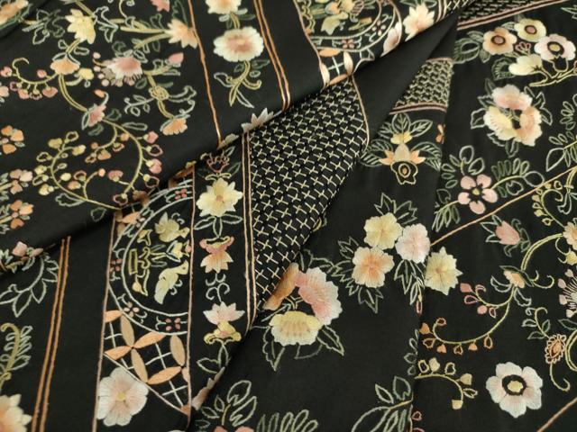 平和屋着物●極上　中国三大刺繍　スワトウ刺繍　汕頭刺繍　蘇州刺繍　総刺繍　本場縞大島紬　訪問着　更紗花鳥文　正絹　逸品　DABJ8618ps