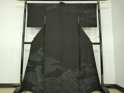 平和屋着物●訪問着　立波文　黒地　金彩　正絹　逸品　DABJ8623ps