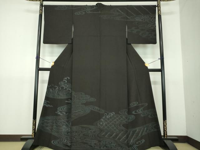 平和屋着物●訪問着　立波文　黒地　金彩　正絹　逸品　DABJ8623ps