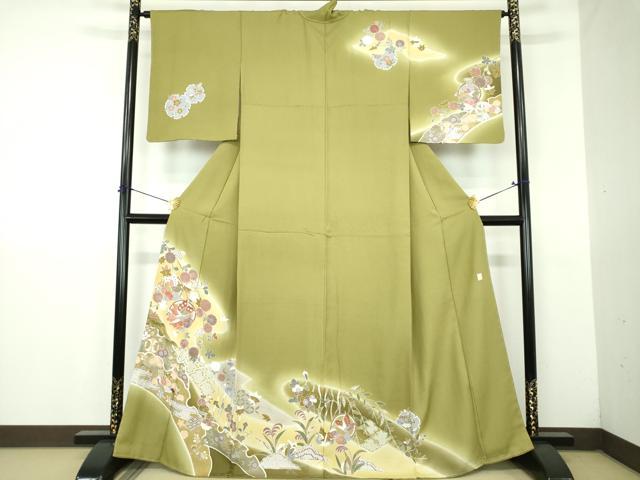 平和屋着物●十日町　名門　滝泰謹製　訪問着　駒刺繍　舞蝶花鳥文　暈し染め　金彩　正絹　逸品　DABJ8636ps
