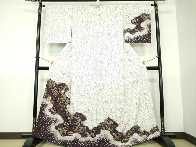 平和屋着物●訪問着　駒刺繍　杢目絞り　秋草文　金彩　正絹　逸品　DABJ8637ps