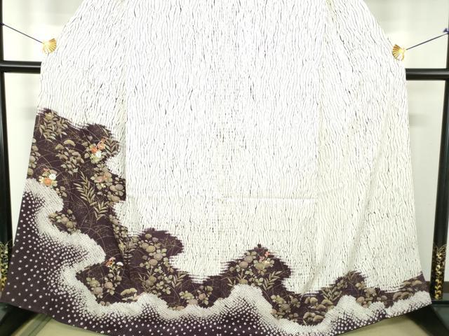 平和屋着物●訪問着　駒刺繍　杢目絞り　秋草文　金彩　正絹　逸品　DABJ8637ps