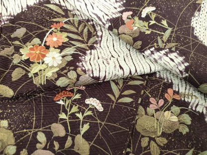 平和屋着物●訪問着　駒刺繍　杢目絞り　秋草文　金彩　正絹　逸品　DABJ8637ps