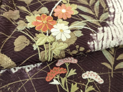 平和屋着物●訪問着　駒刺繍　杢目絞り　秋草文　金彩　正絹　逸品　DABJ8637ps