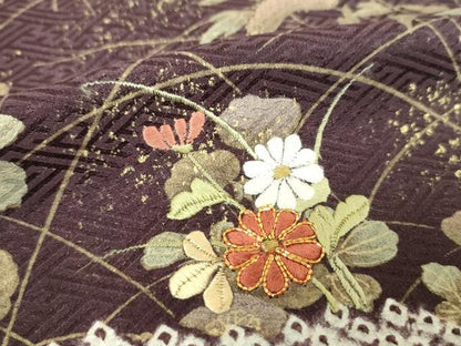 平和屋着物●訪問着　駒刺繍　杢目絞り　秋草文　金彩　正絹　逸品　DABJ8637ps