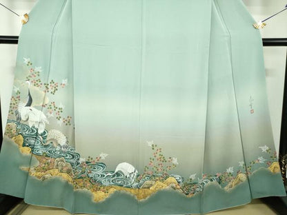 平和屋着物●琳派乃世界　灘昆年　訪問着　手描き　雲取流水立鶴　暈し染め　金彩　正絹　逸品　DABJ8650ps