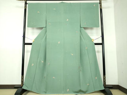 平和屋着物●上質な小紋　総刺繍　扇面花文　金糸　正絹　逸品　未使用　DABJ8651ps