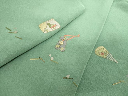 平和屋着物●上質な小紋　総刺繍　扇面花文　金糸　正絹　逸品　未使用　DABJ8651ps