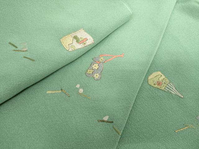 平和屋着物●上質な小紋　総刺繍　扇面花文　金糸　正絹　逸品　未使用　DABJ8651ps