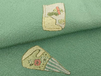 平和屋着物●上質な小紋　総刺繍　扇面花文　金糸　正絹　逸品　未使用　DABJ8651ps