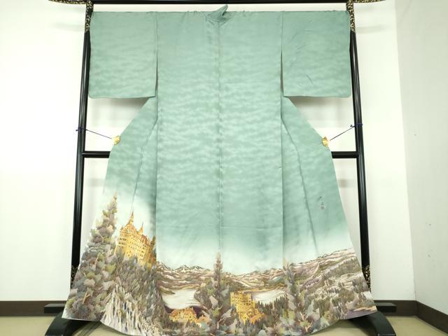 平和屋着物●螺鈿作家　甲斐泰造　色留訪問着　螺鈿　異国風景文　暈し染め　金彩　正絹　逸品　DABJ8656ps