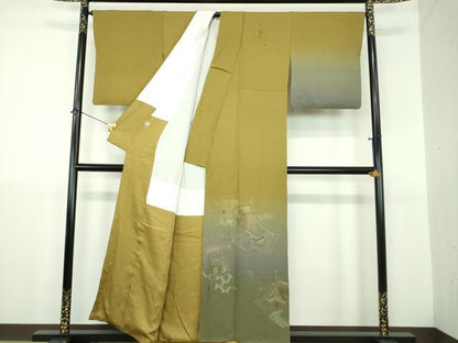 平和屋着物●訪問着　寿光織　風景花絵巻文　暈し染め　金糸　正絹　逸品　DABJ8676ps