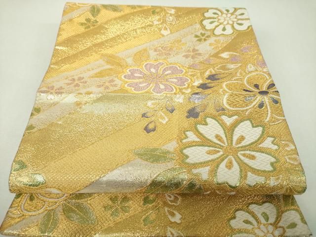 平和屋着物▼佐賀錦　両面　六通柄袋帯　舞桜　藤花房　金糸　正絹　逸品　DABJ8704ps