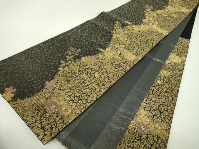 平和屋着物▼両面　六通柄袋帯　草花文　金糸　正絹　逸品　DABJ8724ps