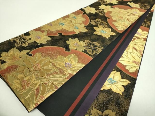 平和屋着物▼全通柄袋帯　雪輪花文　黒地　金糸　正絹　逸品　DABJ8748ps