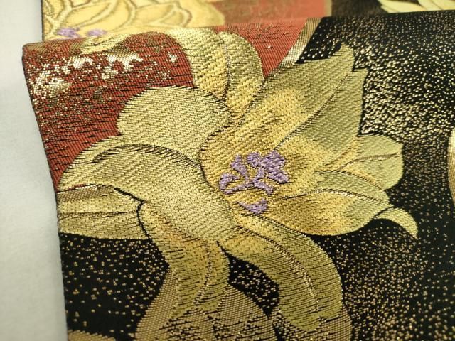 平和屋着物▼全通柄袋帯　雪輪花文　黒地　金糸　正絹　逸品　DABJ8748ps