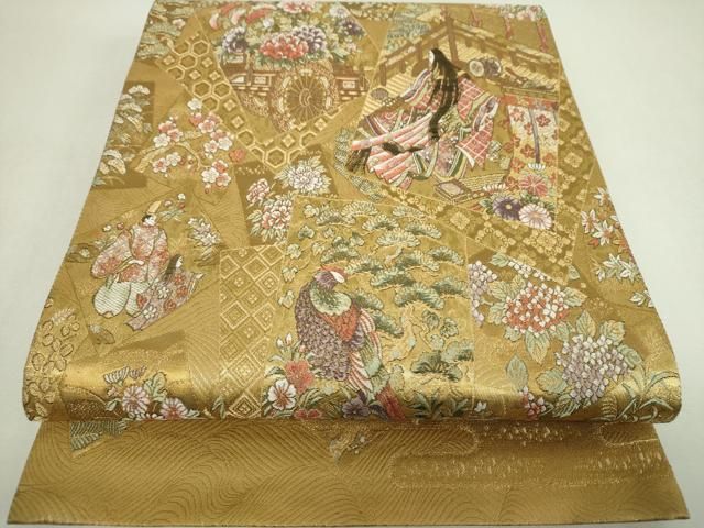平和屋着物▼六通柄袋帯　色紙重ね人物花鳥文　金糸　正絹　逸品　DABJ8756ps