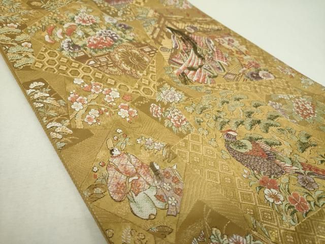 平和屋着物▼六通柄袋帯　色紙重ね人物花鳥文　金糸　正絹　逸品　DABJ8756ps