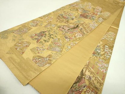 平和屋着物▼六通柄袋帯　色紙重ね人物花鳥文　金糸　正絹　逸品　DABJ8756ps