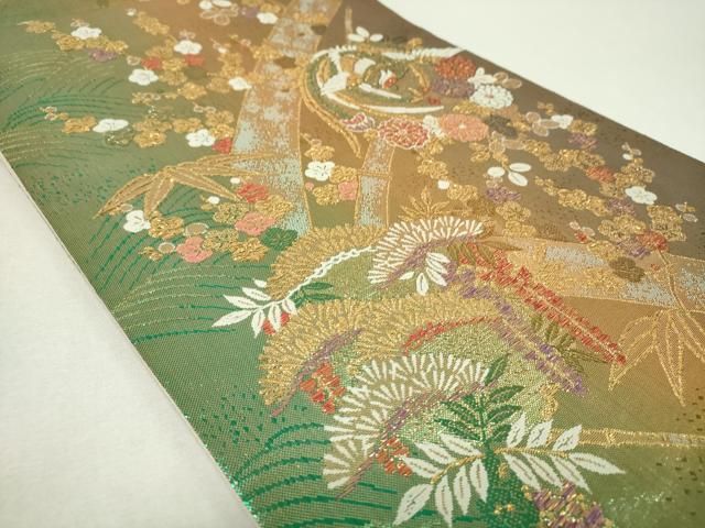 平和屋着物▼西陣　六通柄袋帯　松竹梅　鳳凰花文　金糸　証紙付き　正絹　逸品　未使用　DABJ8776ps