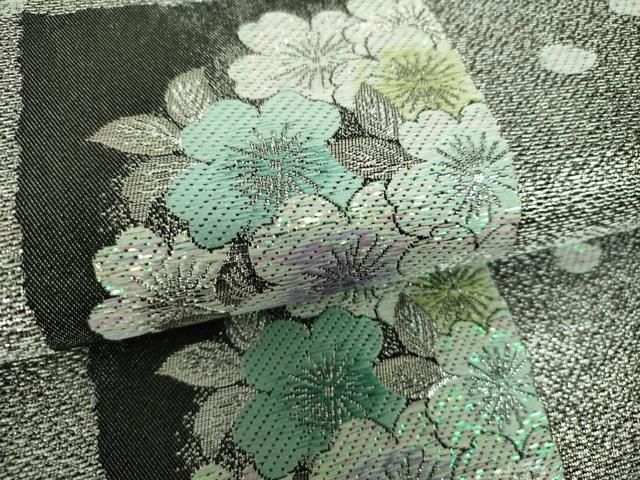 平和屋着物▼六通柄袋帯　市松舞桜　銀糸　正絹　逸品　DABJ8793ps