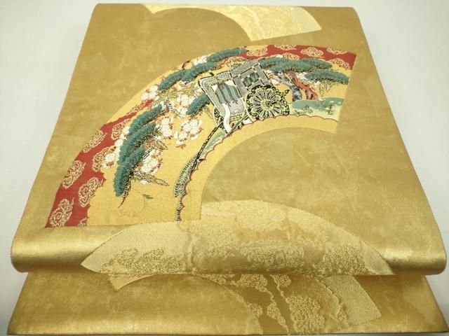 平和屋着物▼六通柄袋帯　地紙御所車花文　金糸　引箔　正絹　逸品　DABJ8795ps