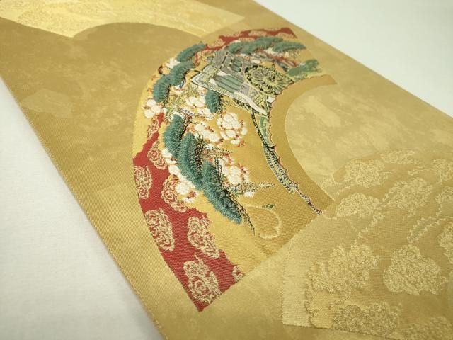平和屋着物▼六通柄袋帯　地紙御所車花文　金糸　引箔　正絹　逸品　DABJ8795ps