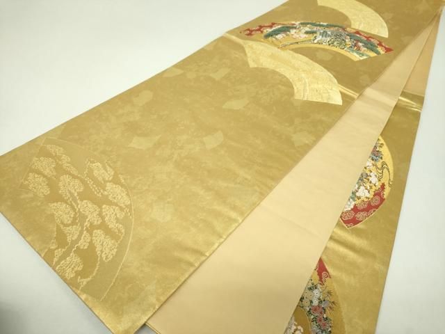 平和屋着物▼六通柄袋帯　地紙御所車花文　金糸　引箔　正絹　逸品　DABJ8795ps