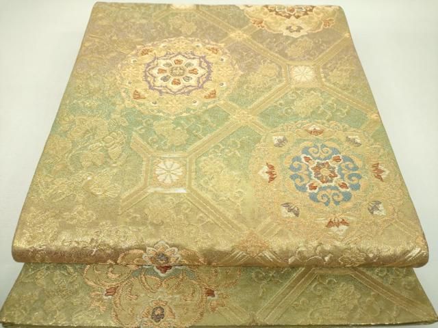 平和屋着物▼六通柄袋帯　蜀江花文　金糸　引箔　三越扱い　正絹　逸品　DABJ8803ps