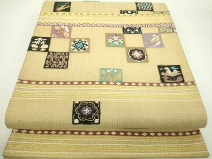平和屋着物▼夏物　中国三大刺繍　相良刺繍　明綴れ　袋帯　市松花鳥文　金糸　正絹　逸品　DABJ8808ps